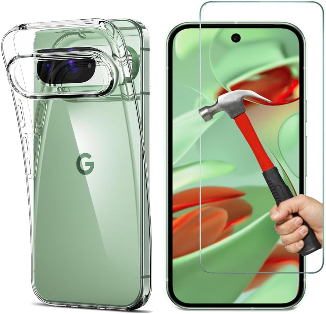 A clear gel case for Google Pixel 10 Pro with a glass screen protector displayed alongside. The case is shown with its back facing forward, transparent in color, and the screen protector is shown being hit by a hammer to demonstrate its durability.