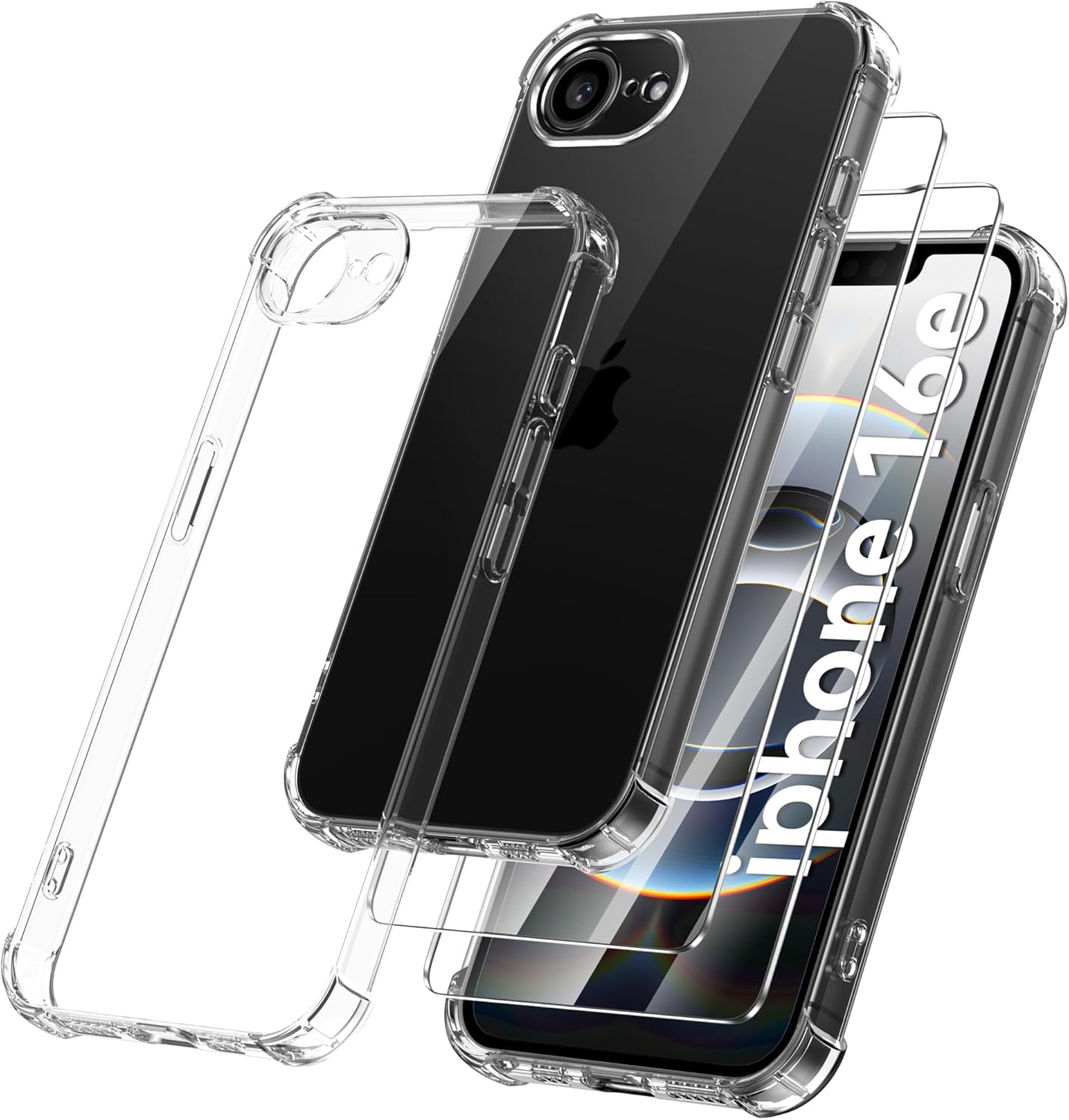 Apple iPhone 16e Clear Gel Anti Shock Bumper Case Cover With Glass Screen Protector