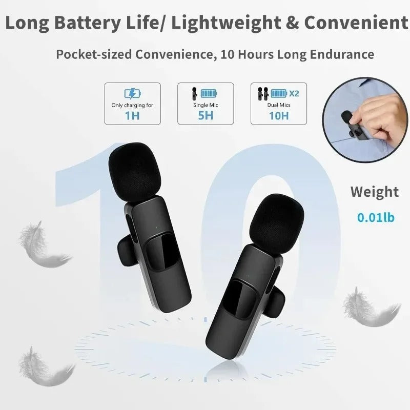 Wireless Mini Microphone Lavalier Noise Cancelling Mic Vlogging iPhone Samsung Android