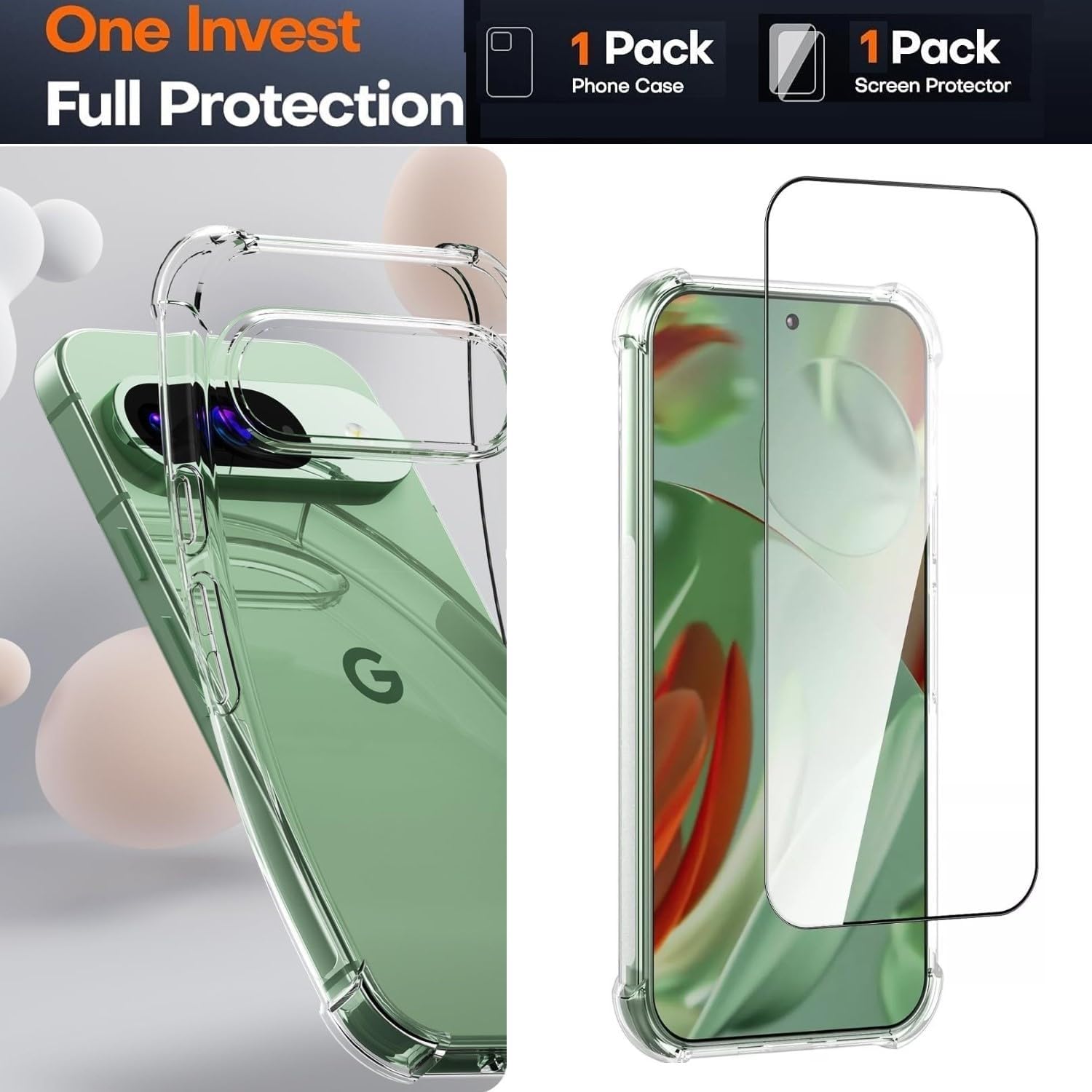 Google Pixel 10 Pro Clear Gel Anti Shock Bumper Case Cover With Glass Screen Protector