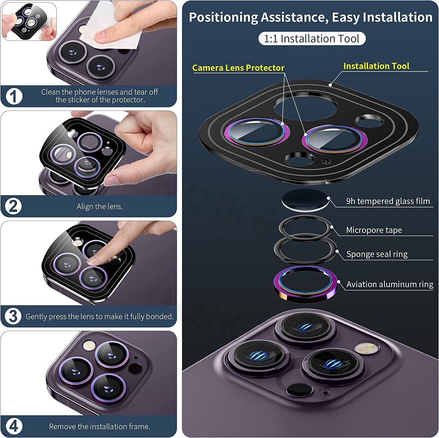 9H Tempered Glass Metal Camera Lens Protectors - iPhone 14 Pro - (3 Pack)
