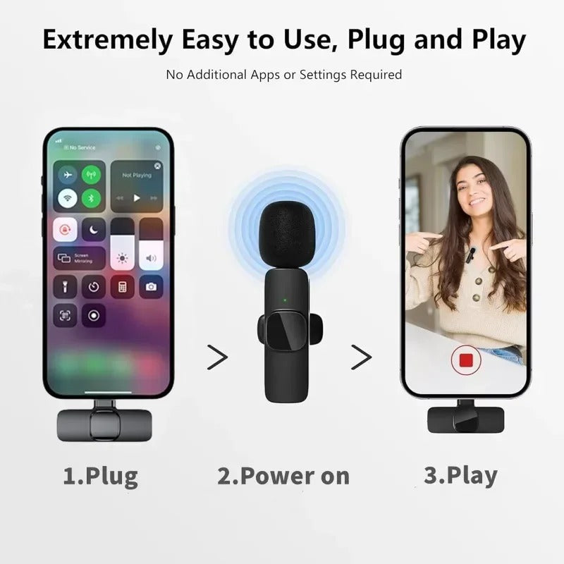 Wireless Mini Microphone Lavalier Noise Cancelling Mic Vlogging iPhone Samsung Android