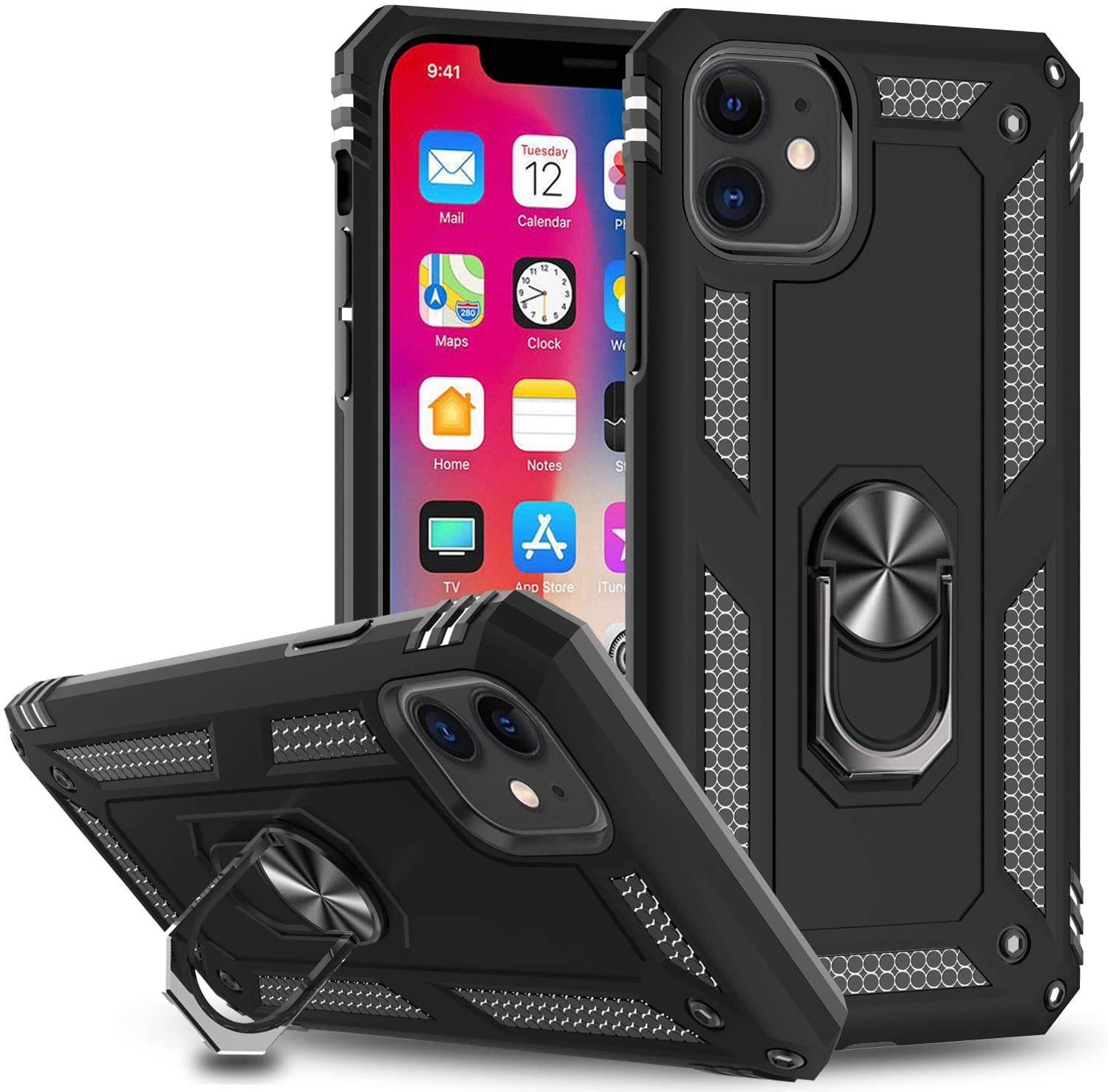 Apple iPhone 12 (6.1) Ring Case Cover Tough Armour Kickstand Magnetic Ring Holder - Black - SmartPhoneGadgetUK