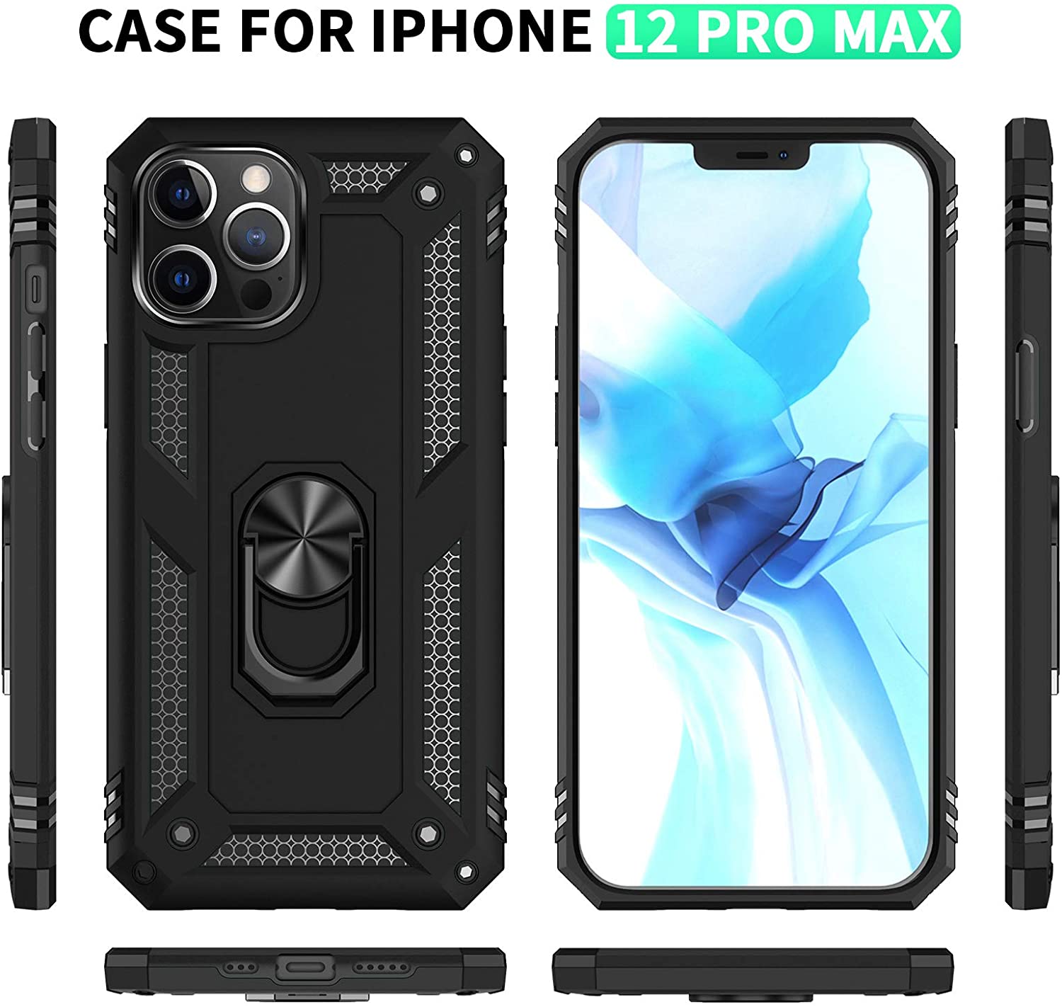 Apple iPhone 12 Pro Max (6.7) Ring Case Cover Tough Armour Kickstand Magnetic Ring Holder - Black - SmartPhoneGadgetUK