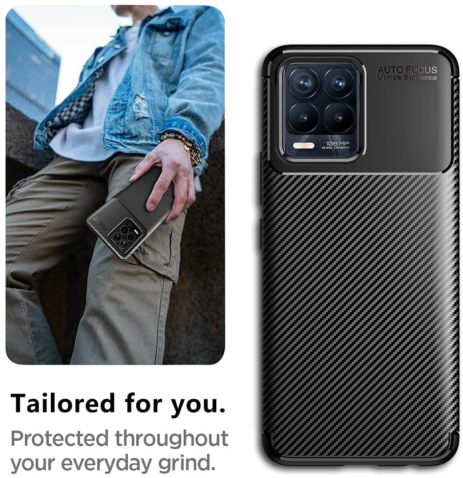 Realme 8 (4G) Case Carbon Fiber Thin Shockproof Bumper Drop Protection Non Slip TPU - Black - SmartPhoneGadgetUK