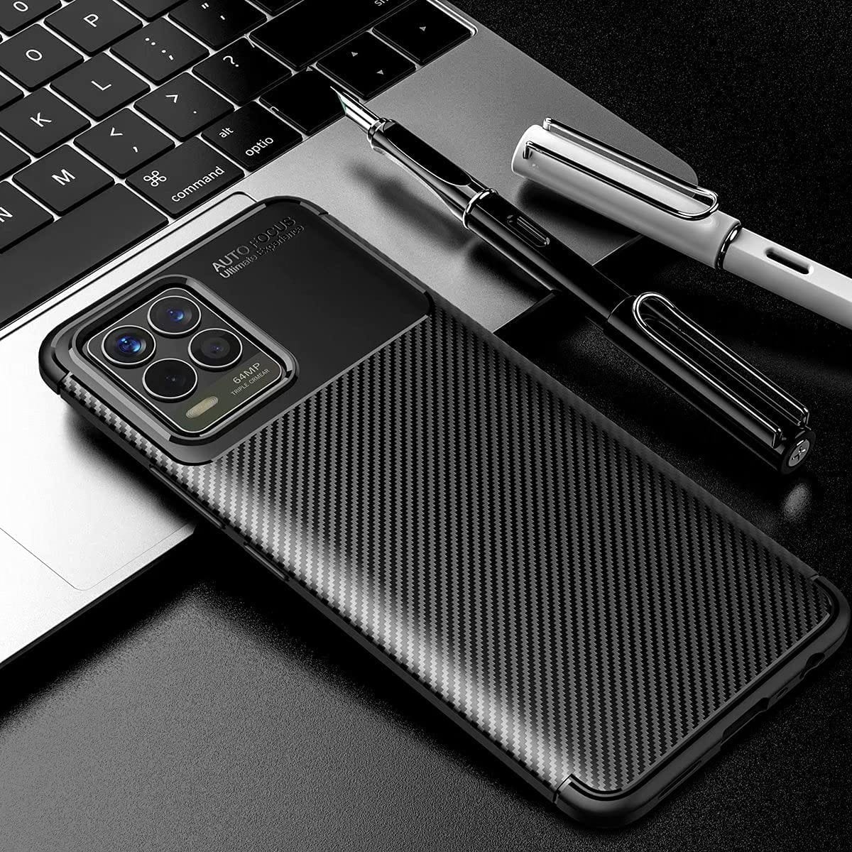 Realme 8 (4G) Case Carbon Fiber Thin Shockproof Bumper Drop Protection Non Slip TPU - Black - SmartPhoneGadgetUK