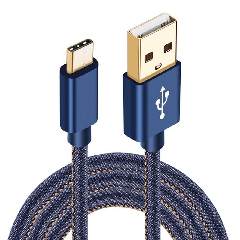 Samsung Galaxy A02s Denim Fabric 1M Blue Type C Charger USB Cable Power Lead - SmartPhoneGadgetUK