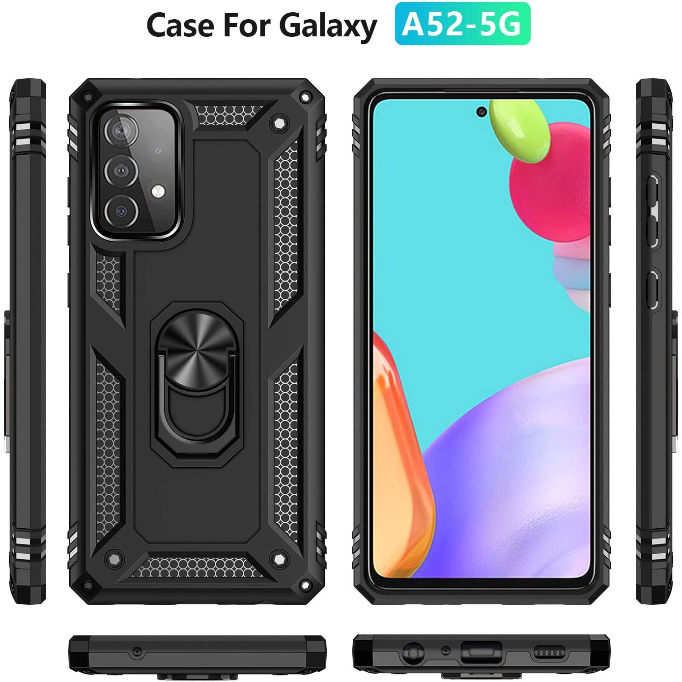 Samsung Galaxy A52 5G Ring Case Cover Tough Armour Kickstand Magnetic Ring Holder - Black - SmartPhoneGadgetUK