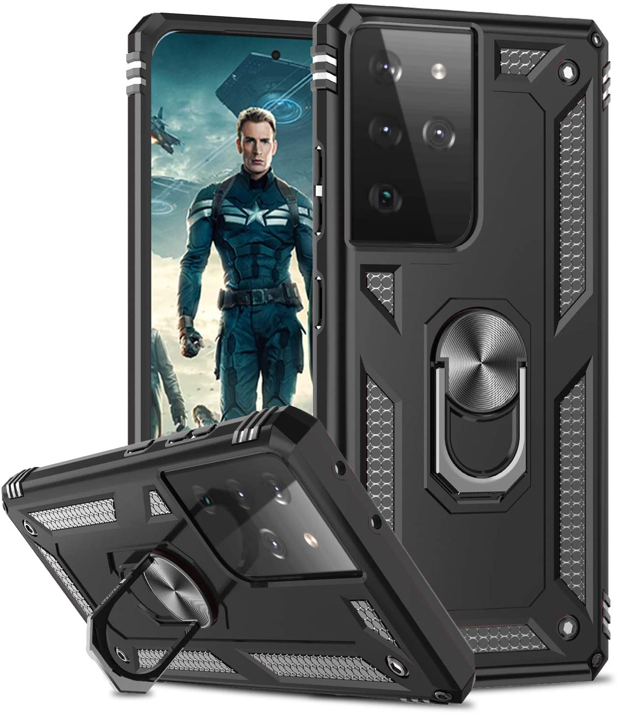 Samsung Galaxy S21 Ultra Ring Case Tough Armour Kickstand TPU Gel - Black - SmartPhoneGadgetUK