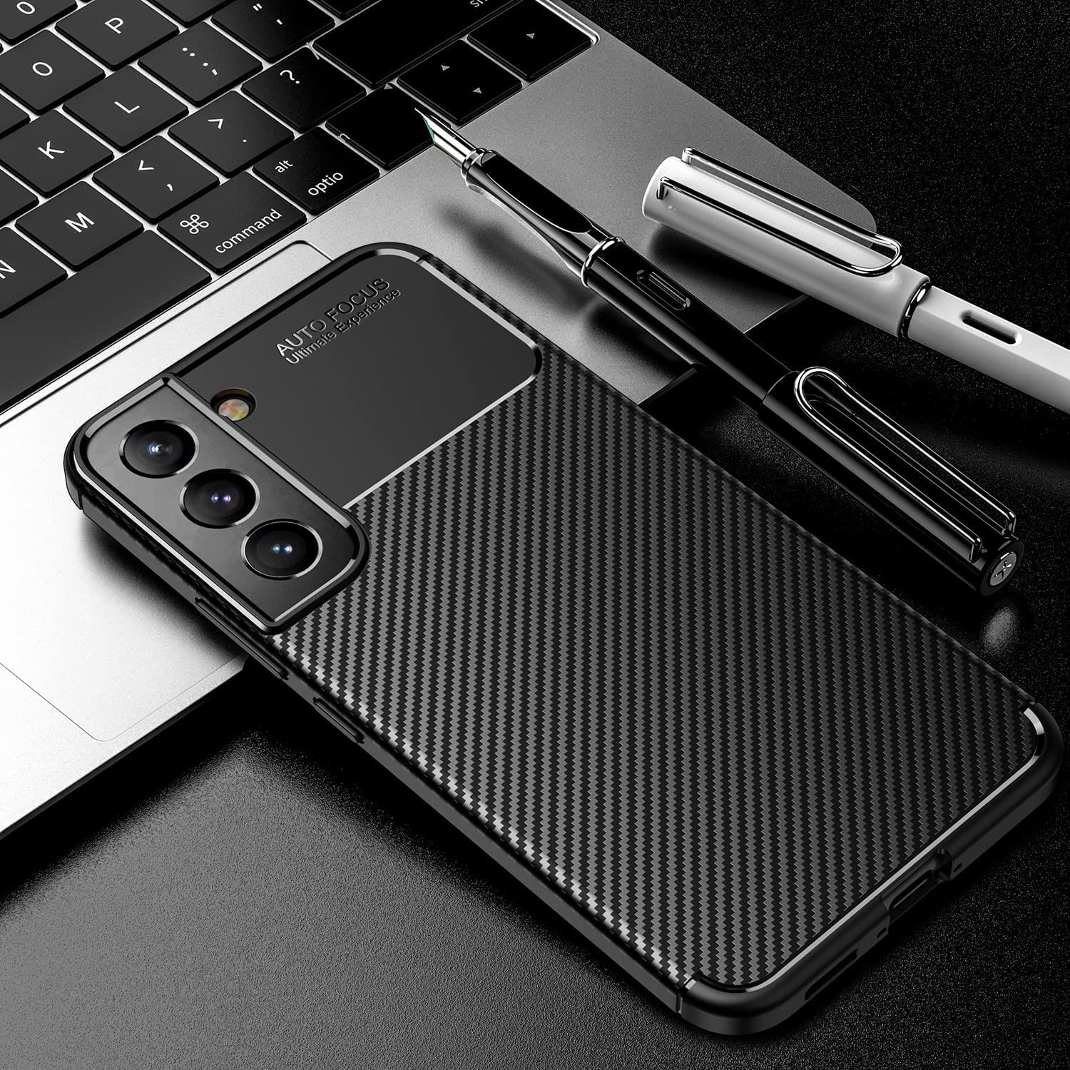 Samsung Galaxy S22 5G Case Carbon Fiber Thin Shockproof Bumper Drop Protection Non Slip TPU - Black - SmartPhoneGadgetUK